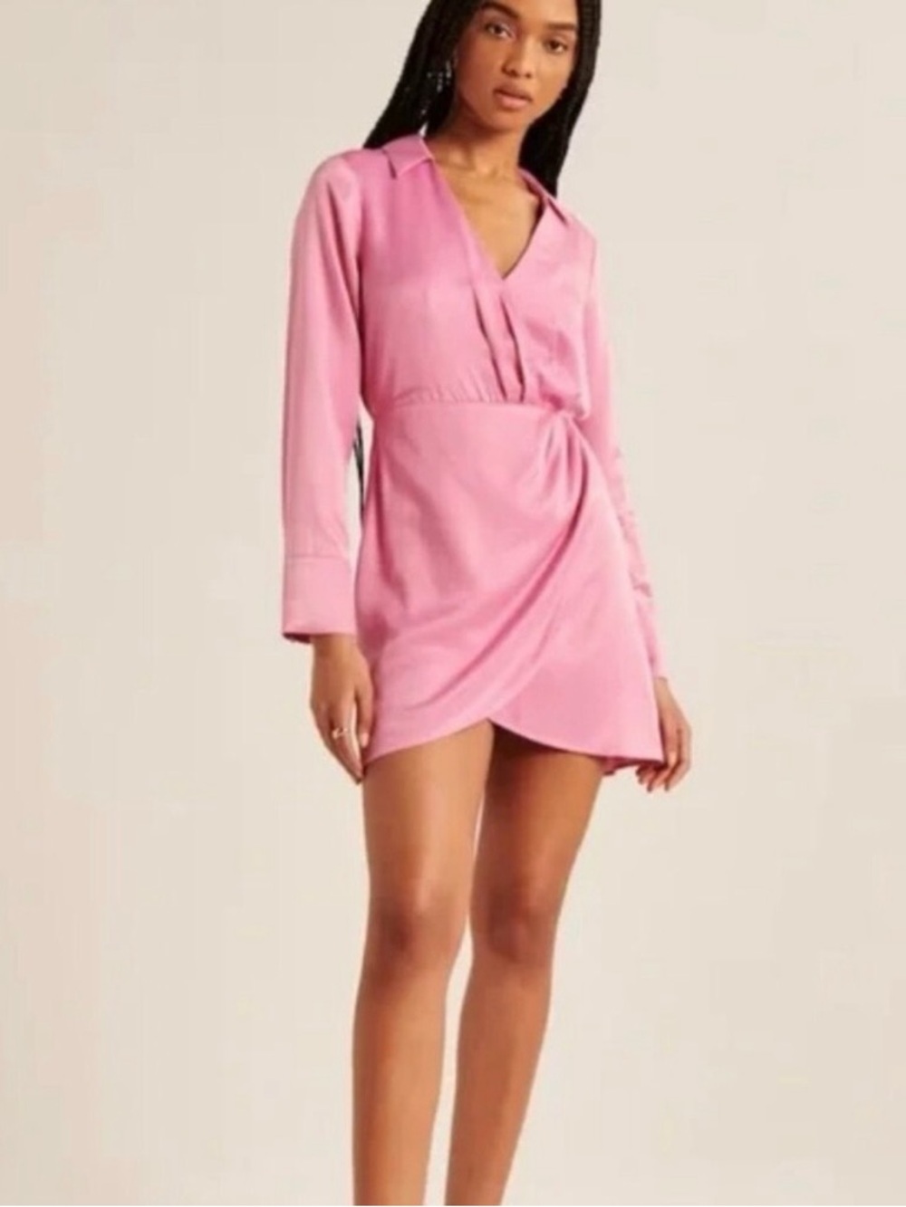 Abercrombie & Fitch Women’s Pink Satin Mini Shirt Long Sleeve Dress Sz L Tall